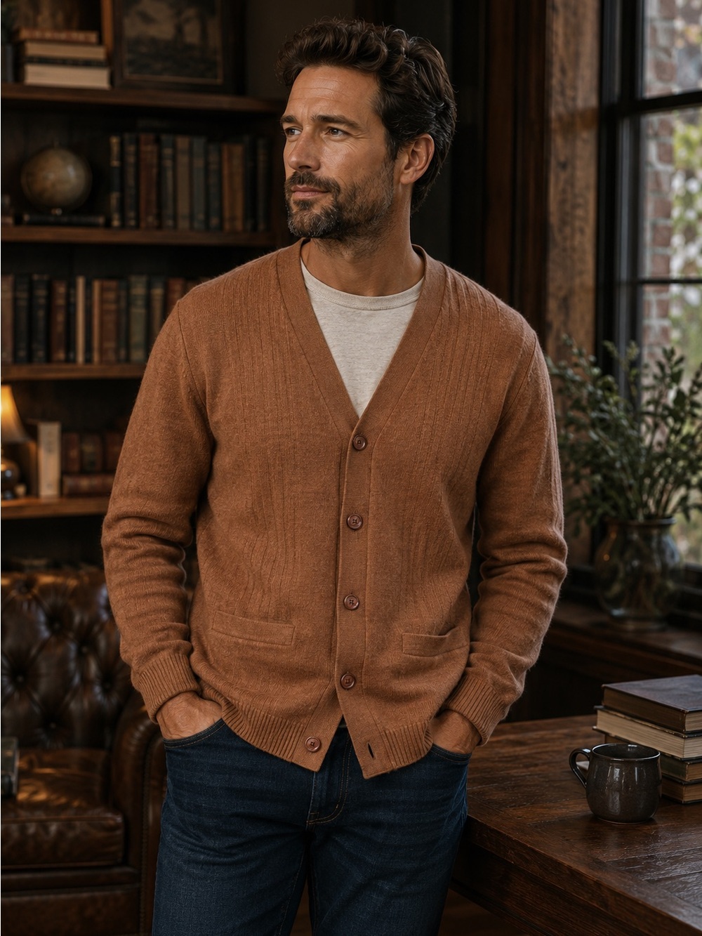 Men's V‑Neck Button Cardigan in Rust Brown